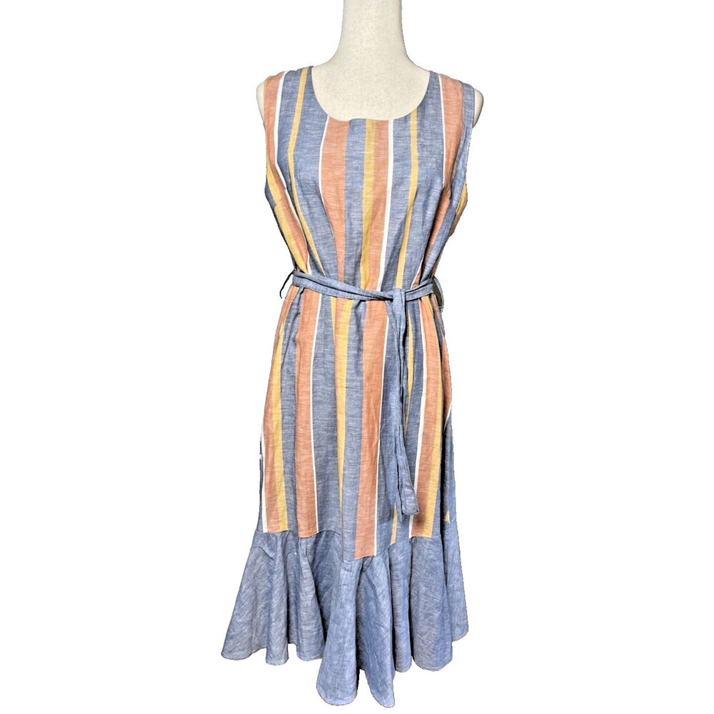 Lung L'arno NWOT block striped linen sleeveless midi dress Large summer travel